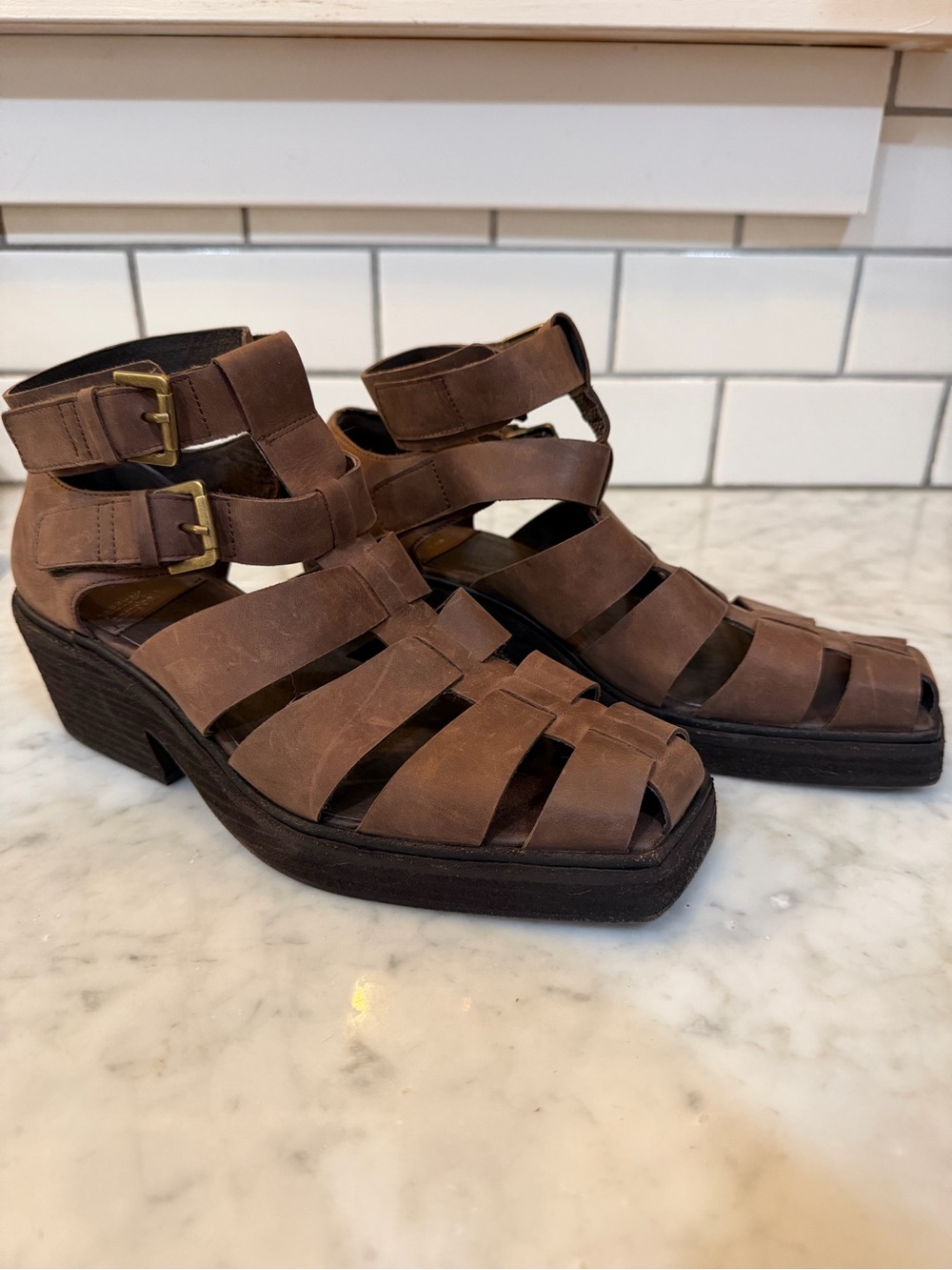 Jeffrey Campbell Elective Fisherman Sandals in Brown Crazy Horse - Picture 2 of 5
